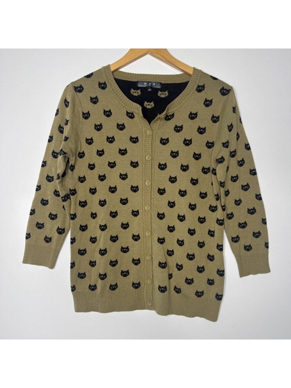 MAK Cat Knit Cardigan Button Up Brown Womens Large 3/4 sleeve